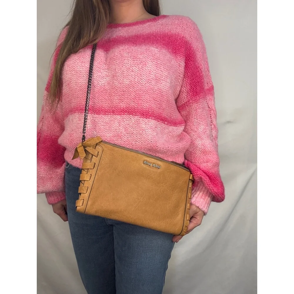 Women's Authentic Miu Miu Tan Leather Clutch Chain Crossbody Bag Metal Braided - Picture 9 of 11